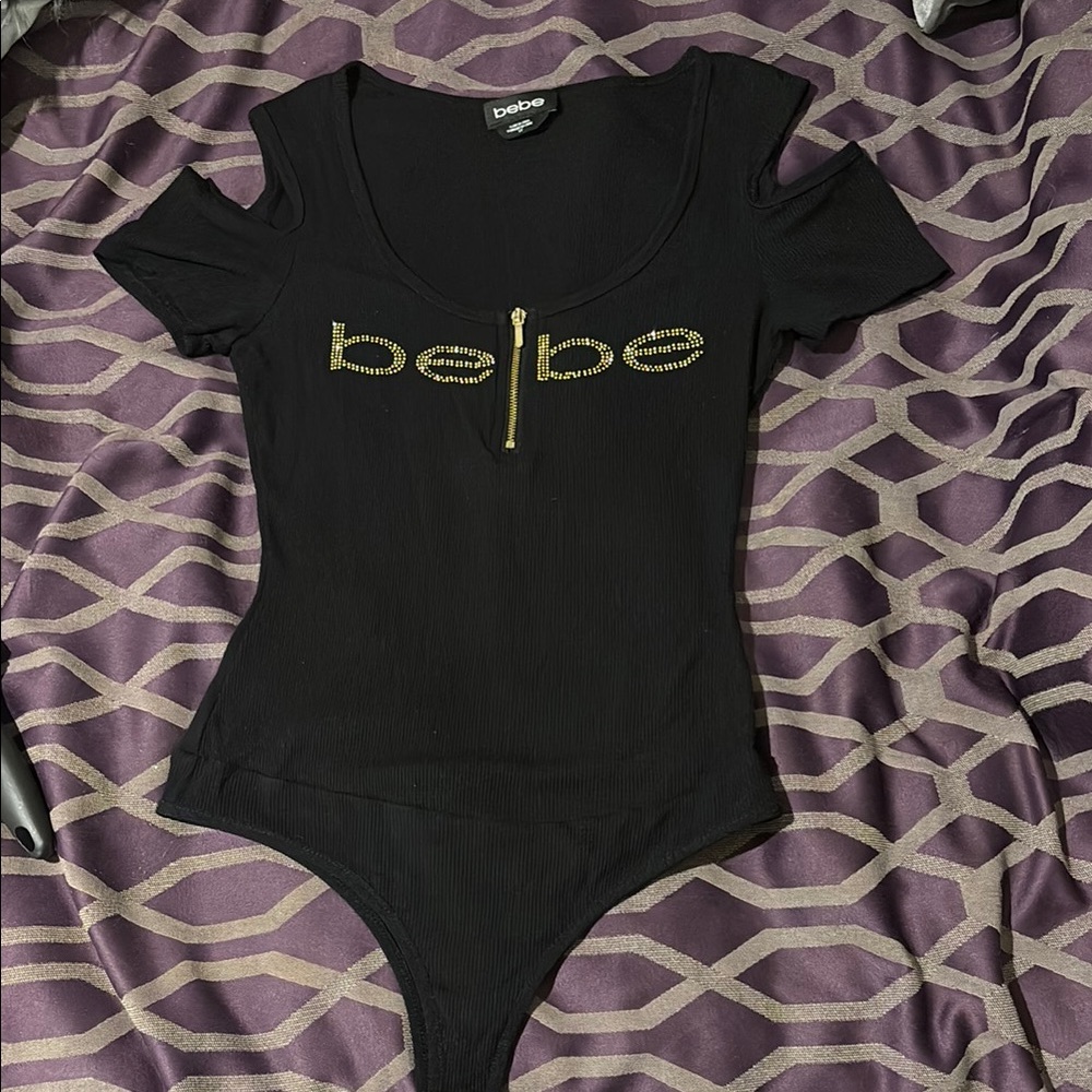 Bebe Black Bodysuit with Gold Zipper Detail and cut out shoulders